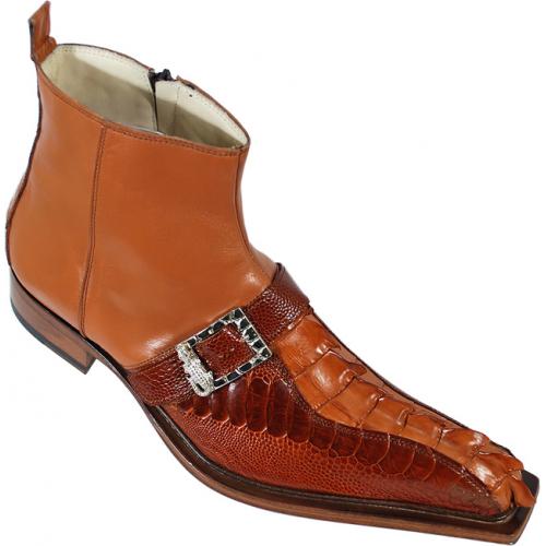 Fennix Italy 3268 Cognac Genuine Caiman Crocodile Tail, Ostrich Leg, and Calf Boots with Buckle Strap